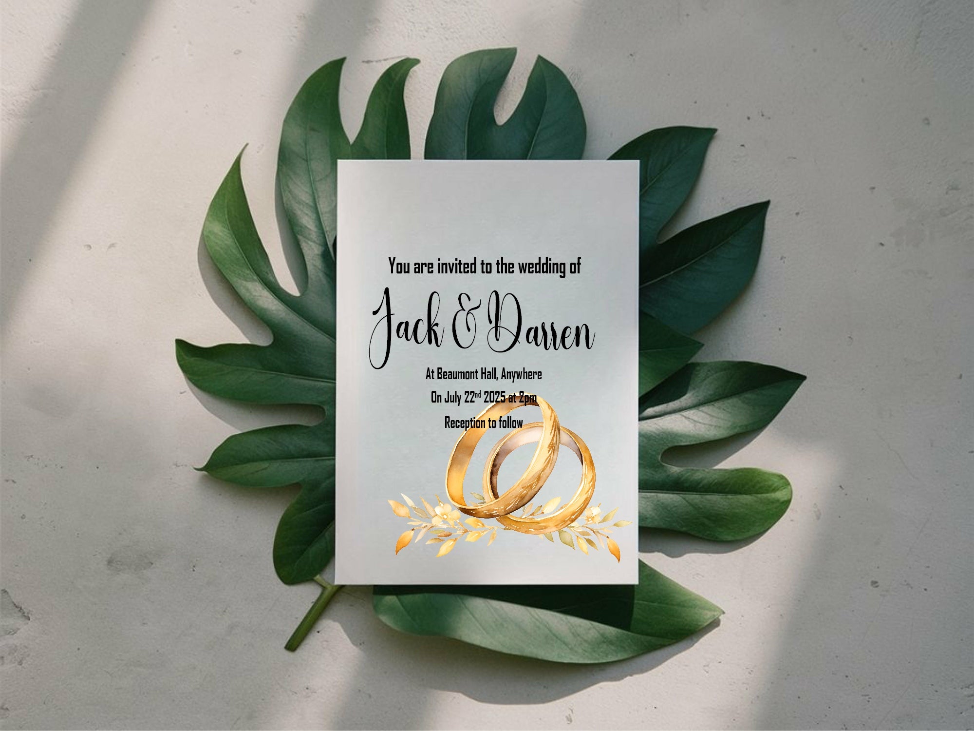 Same-Sex Wedding Invitations | Pack of 10 | Gold Rings & Leaf Design | LGBTQ+ Wedding Stationery