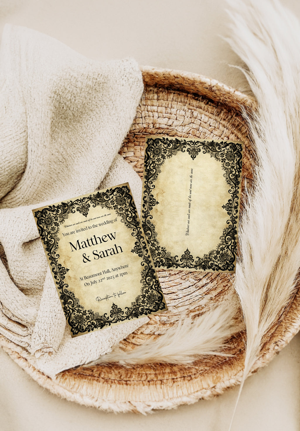 Black Lace Romantic Literature Wedding Party Invitations & Envelopes | Pack of 10