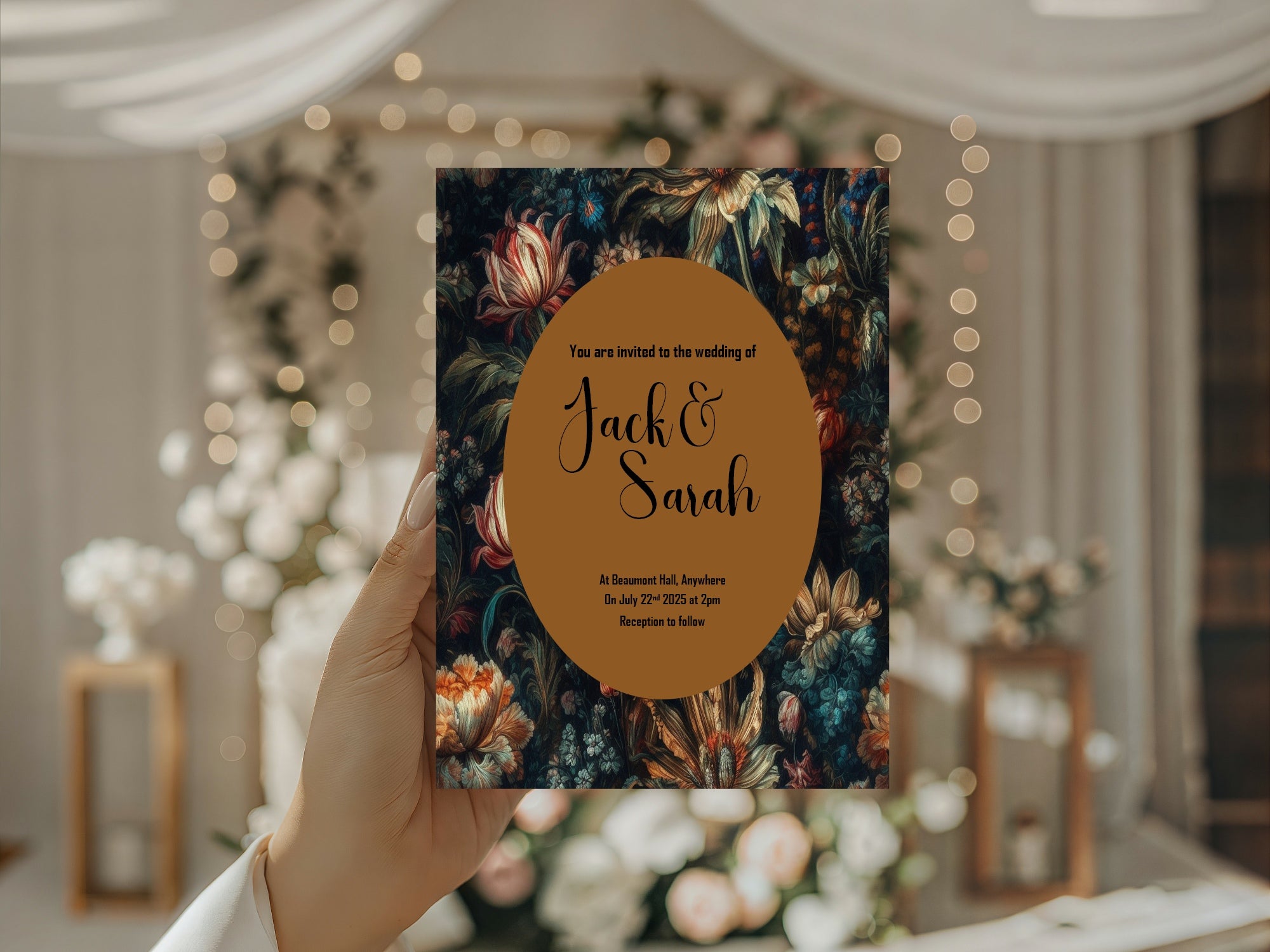 Hand holding a wedding invitation card with floral design and 'Jack & Sarah' text, blurred indoor background.