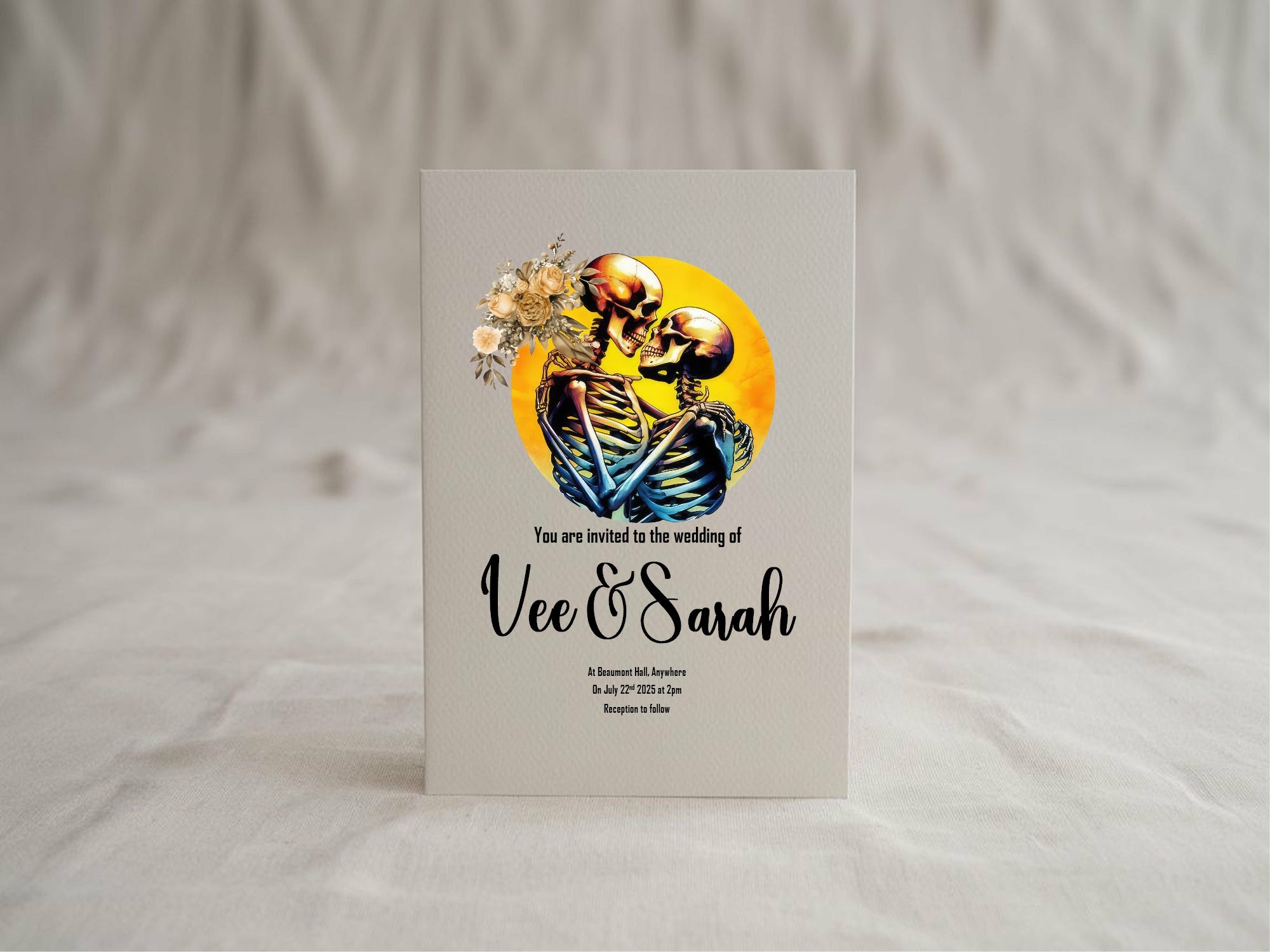 Skeleton Couple Wedding Invitations | Floral Yellow Circle | LGBTQ+ Wedding Stationery