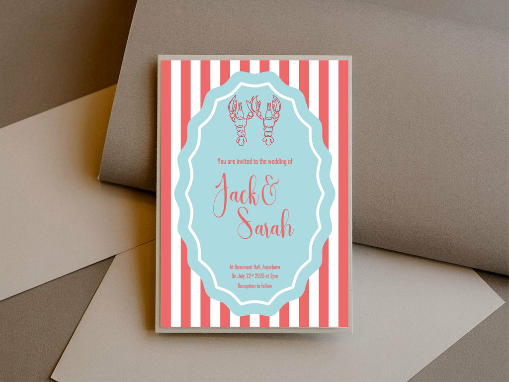 Red & Blue Lobster Wedding Party Invitations & Envelopes | Pack of 10