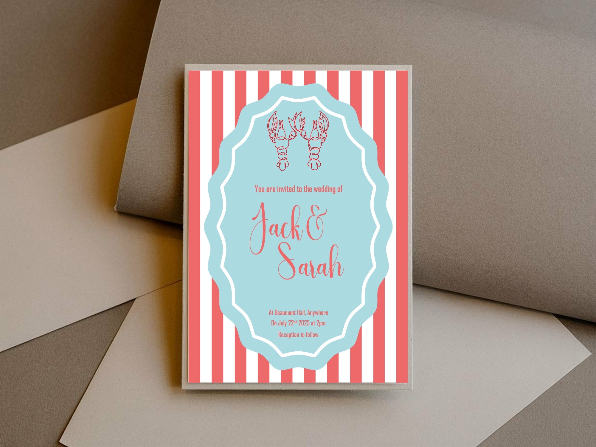 Red & Blue Lobster Wedding Party Invitations & Envelopes | Pack of 10