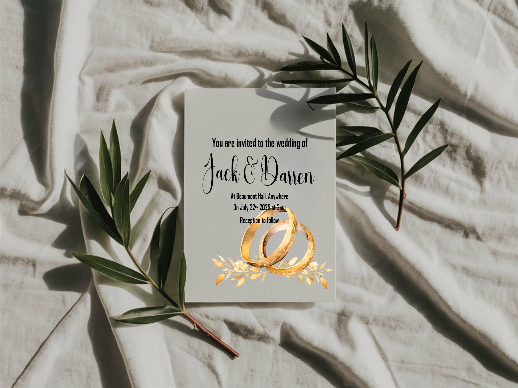 Same-Sex Wedding Invitations | Pack of 10 | Gold Rings & Leaf Design | LGBTQ+ Wedding Stationery