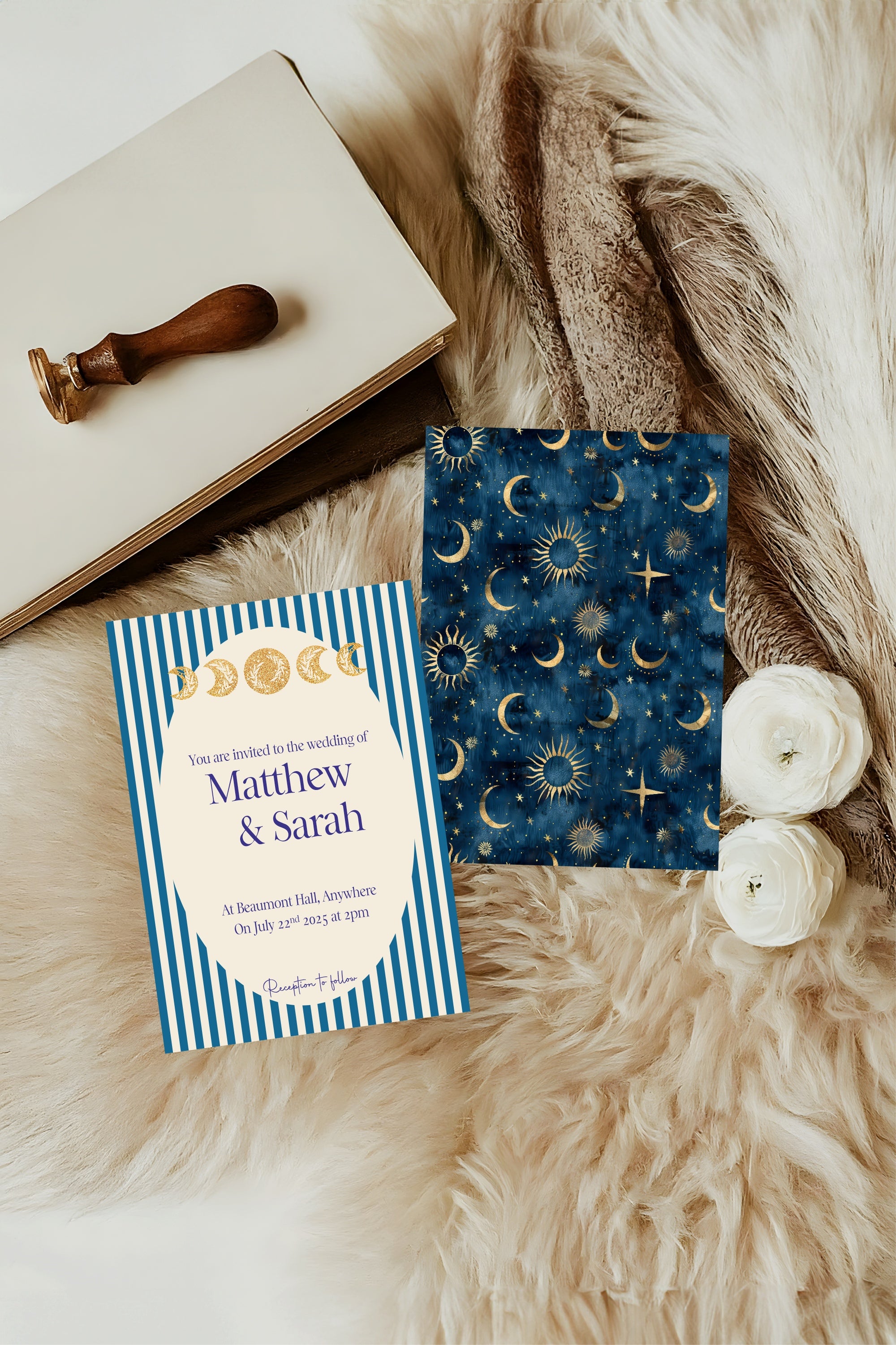 Pack of 10 Alternative Celestial Moon & Sun Wedding Wedding Invitations | Blue