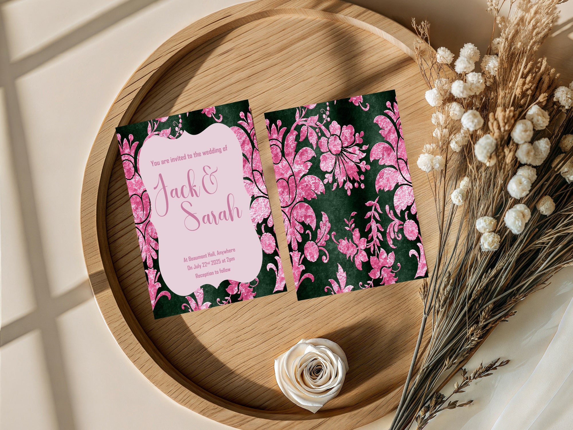 Damask Wedding Party Invitations & Envelopes | Pack of 10 | Green & Pink