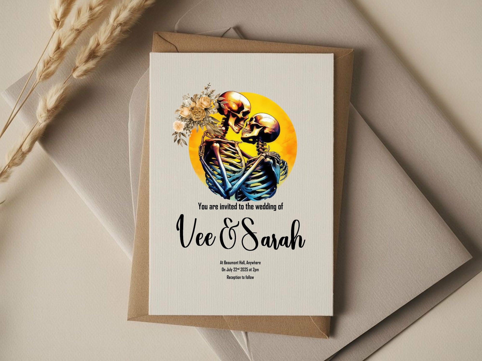 Skeleton Couple Wedding Invitations | Floral Yellow Circle | LGBTQ+ Wedding Stationery