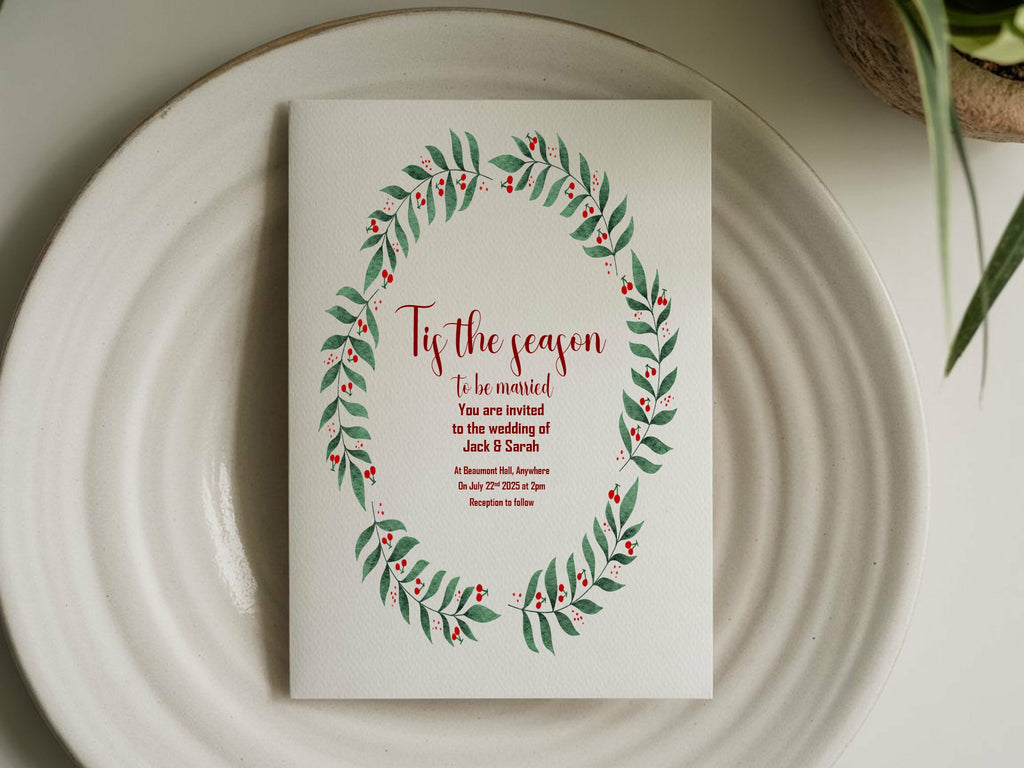 Mistletoe Wreath Tis' The Season Wedding Party Invitations & Envelopes | Pack of 10