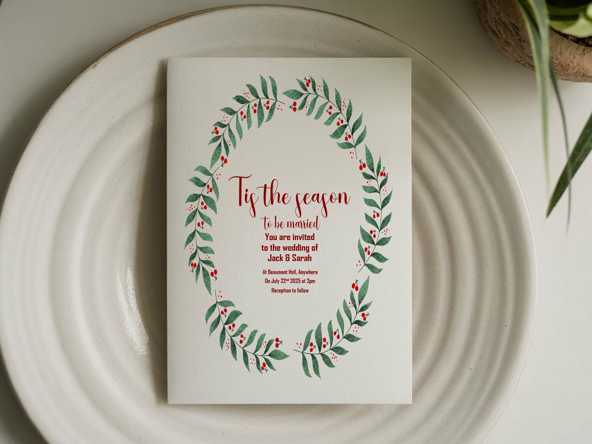 Mistletoe Wreath Tis' The Season Wedding Party Invitations & Envelopes | Pack of 10