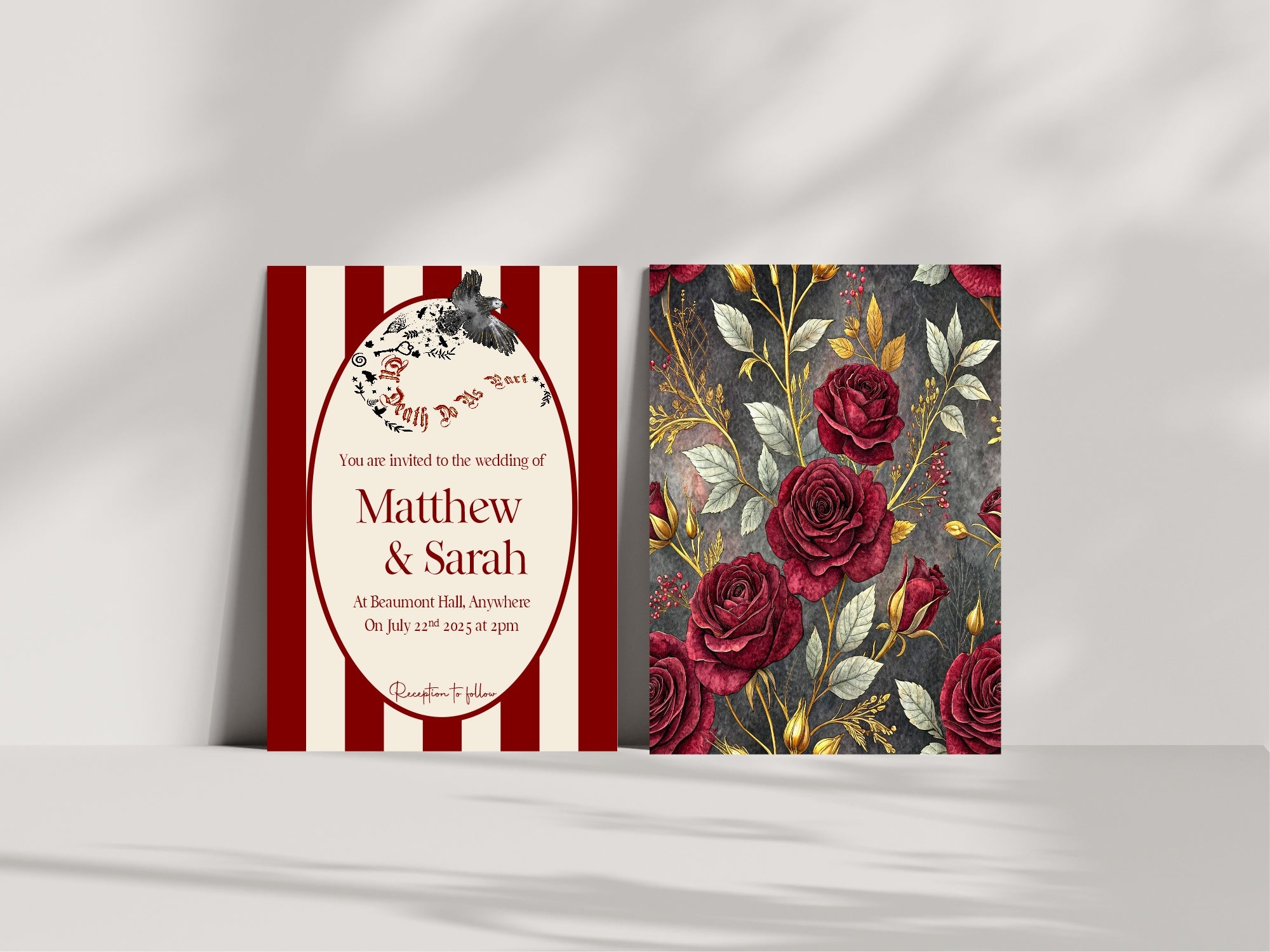 Pack of 10 Gothic Bird “Til Death Do Us Part” Wedding Invitations