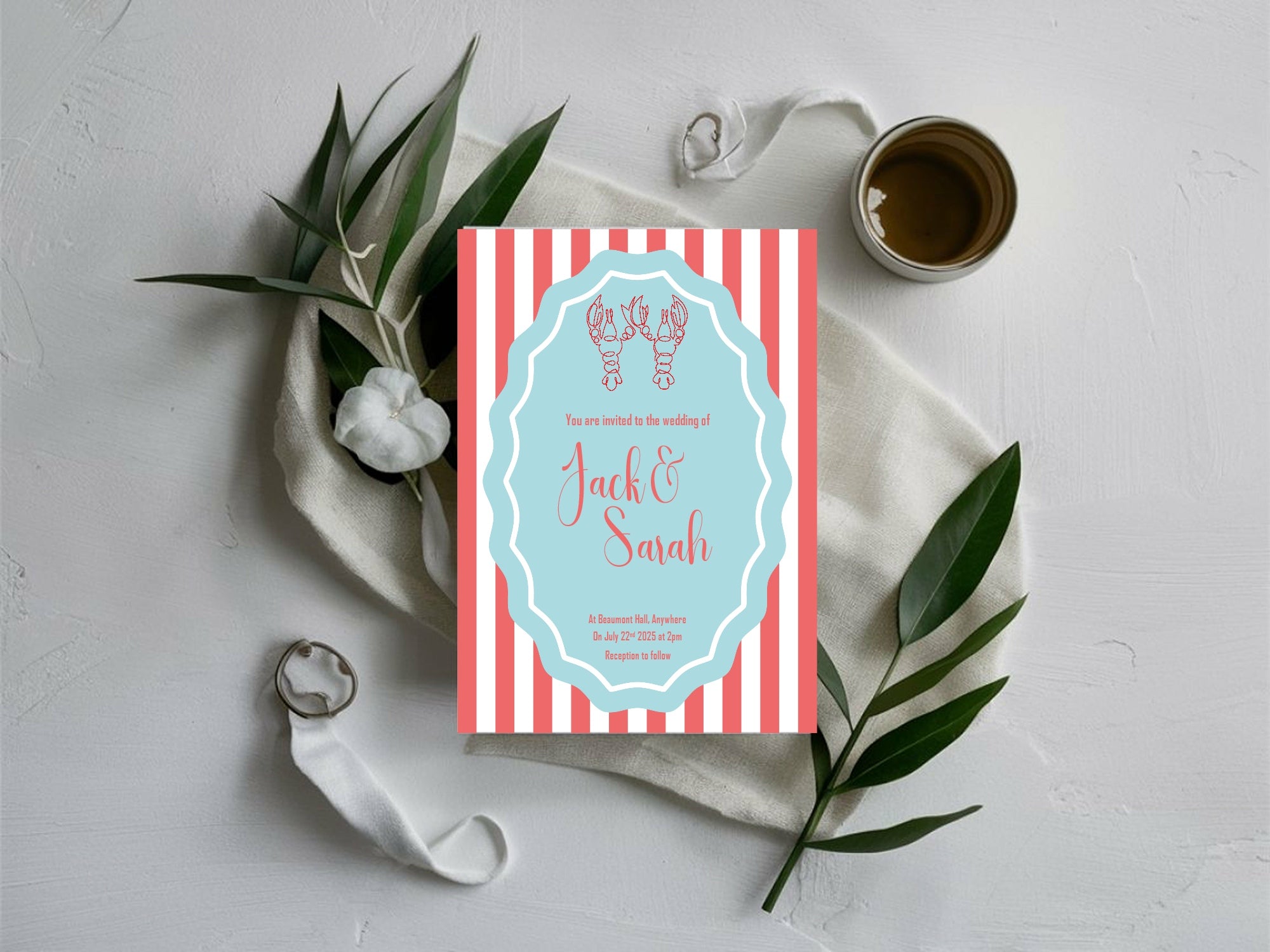 Red & Blue Lobster Wedding Party Invitations & Envelopes | Pack of 10