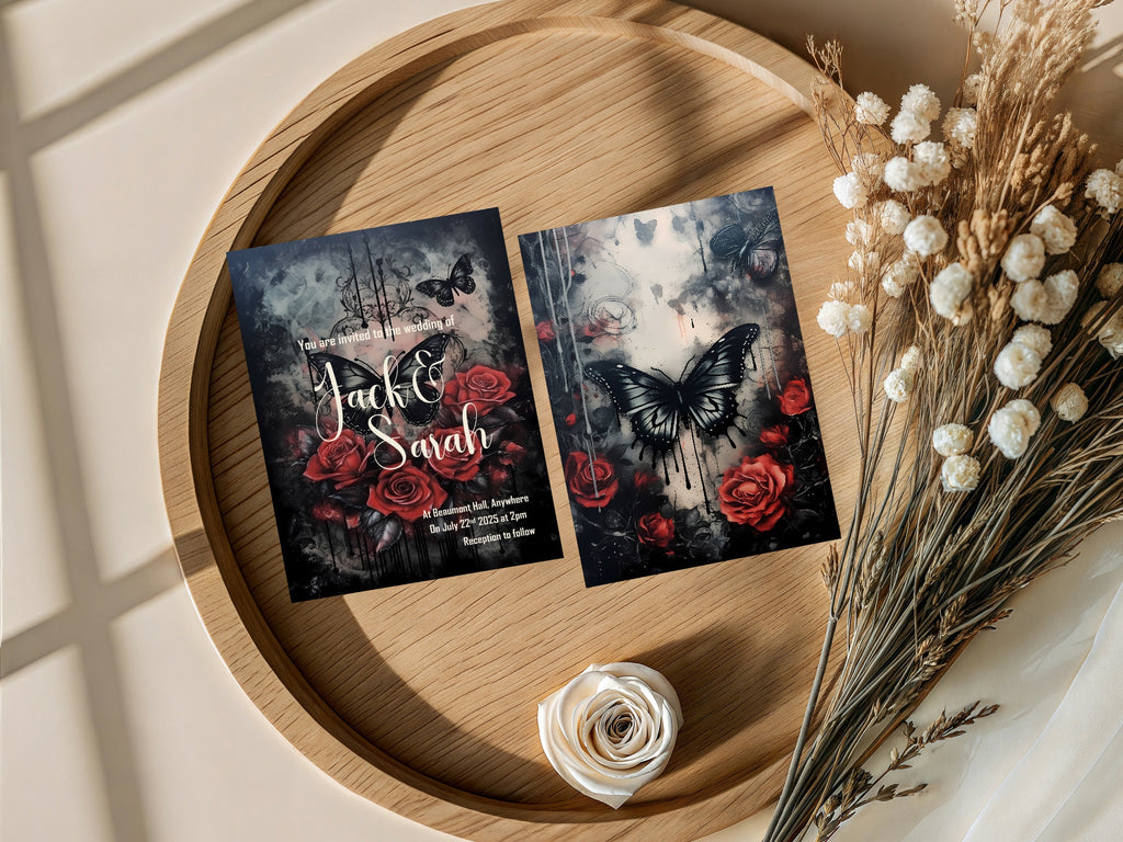 Gothic Butterflies Wedding Party Invitations & Envelopes | Pack of 10