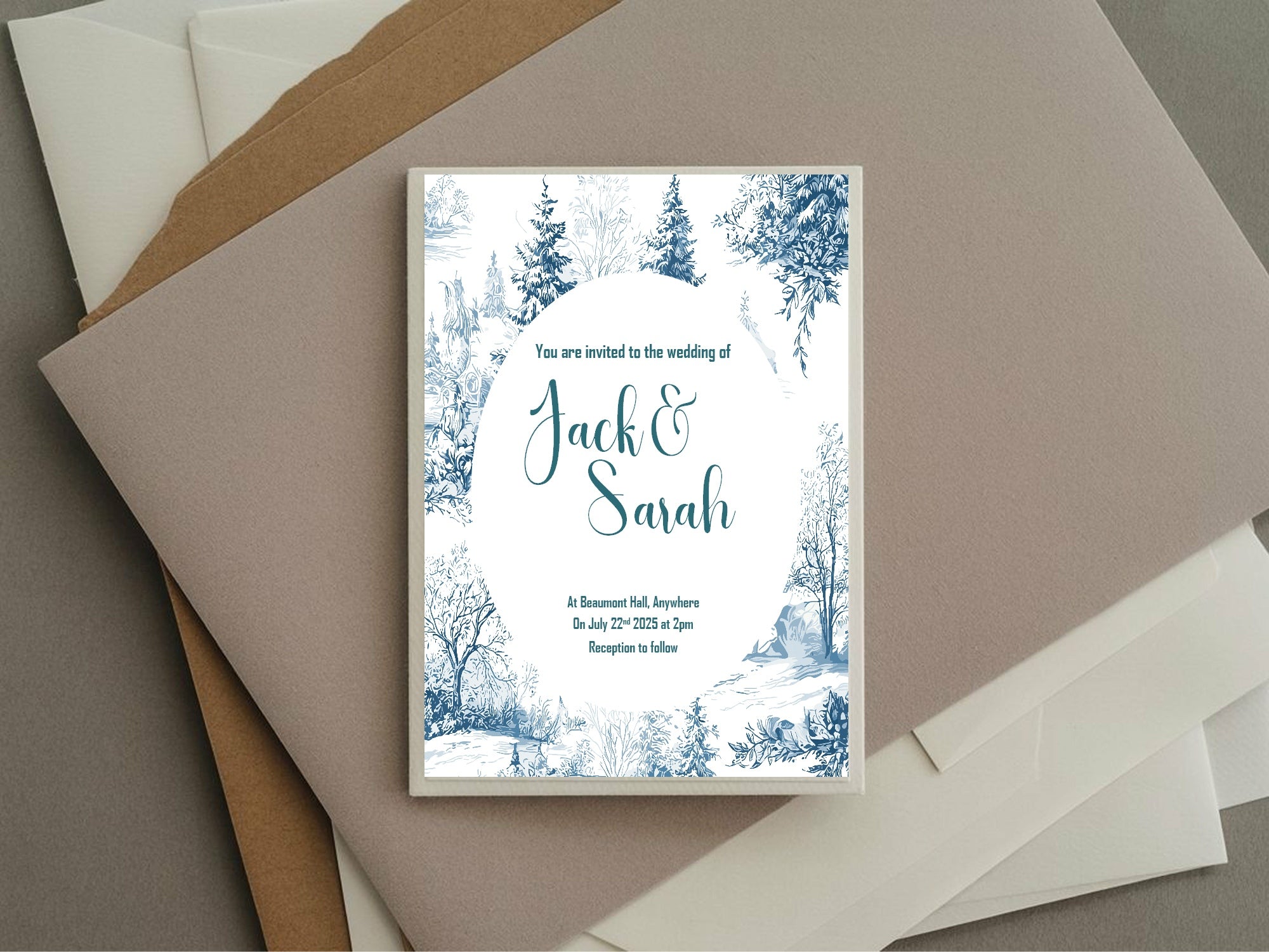 Blue Toile Winter Wedding Party Invitations & Envelopes | Pack of 10