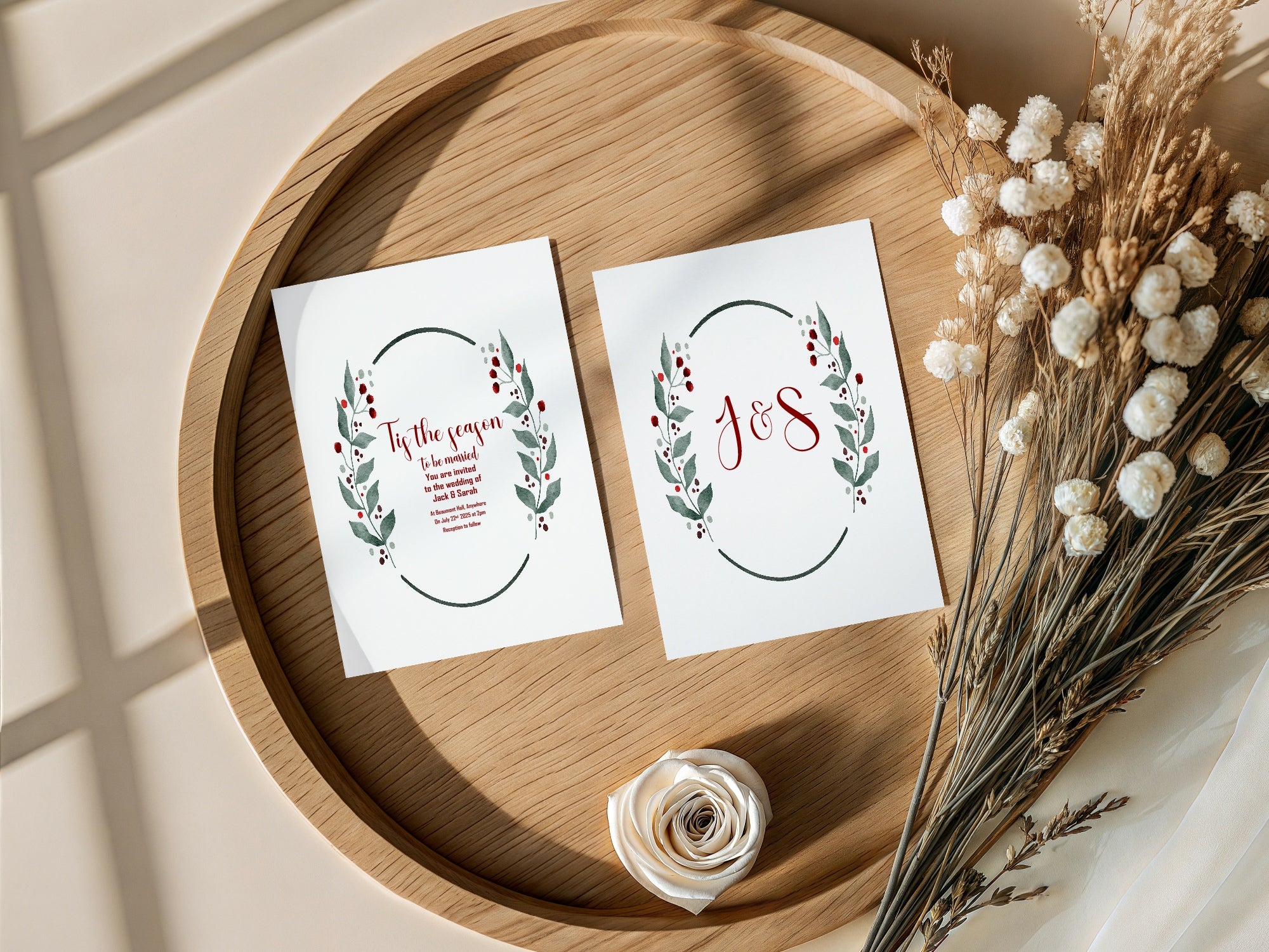 Mistletoe & Berries Oval Wedding Party Invitations & Envelopes | Pack of 10