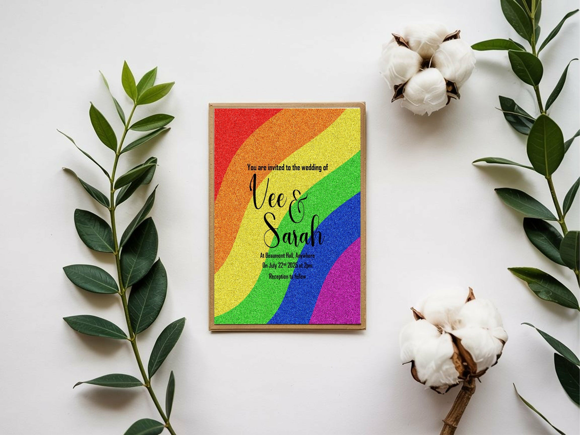 Glitter Pride Flag Wedding Party Invitations & Envelopes | Pack of 10