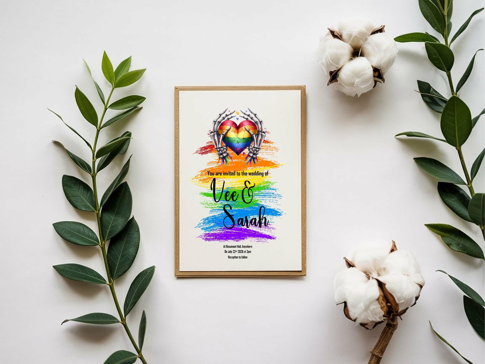 Pride Rainbow Skeleton Hands Wedding Party Invitations & Envelopes | Pack of 10