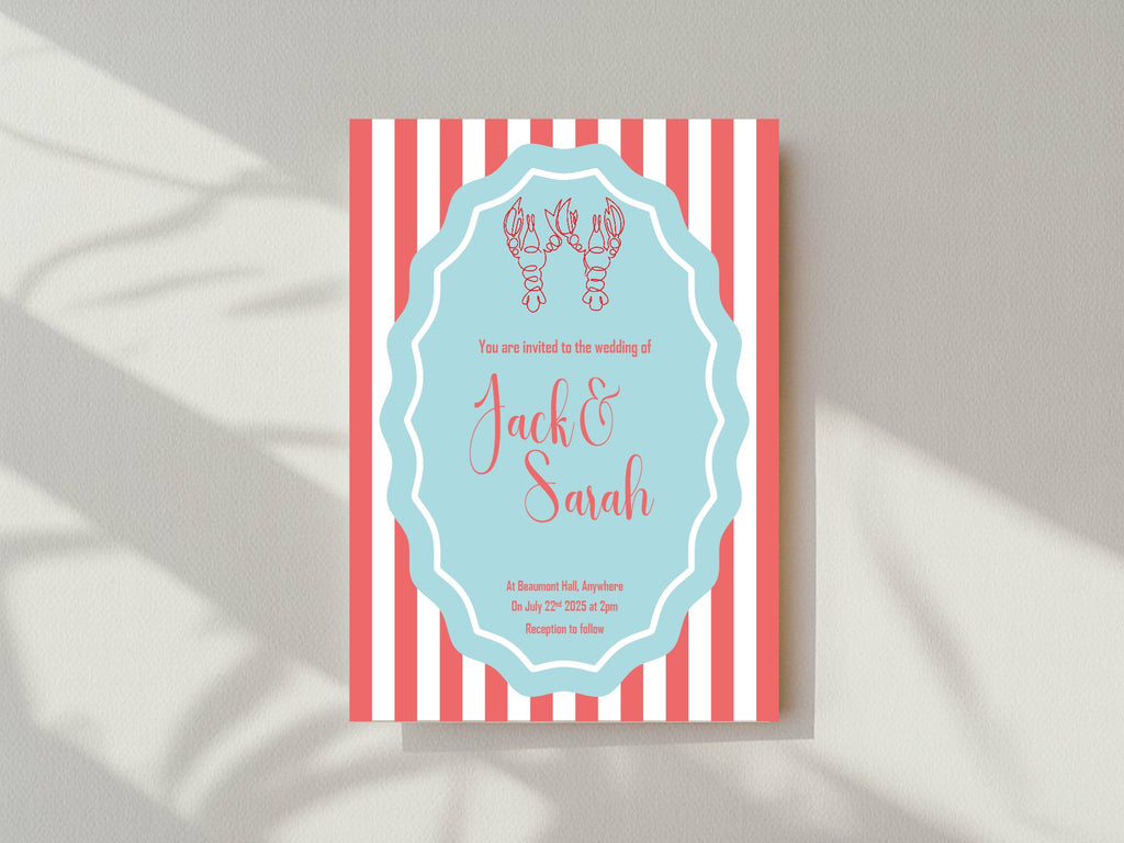 Red & Blue Lobster Wedding Party Invitations & Envelopes | Pack of 10