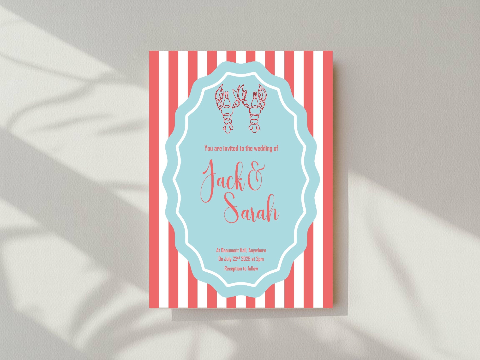 Red & Blue Lobster Wedding Party Invitations & Envelopes | Pack of 10