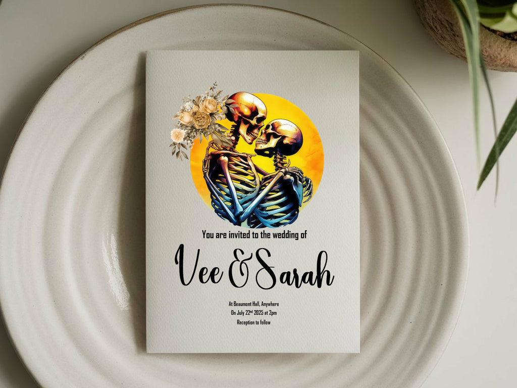 Skeleton Couple Wedding Invitations | Floral Yellow Circle | LGBTQ+ Wedding Stationery