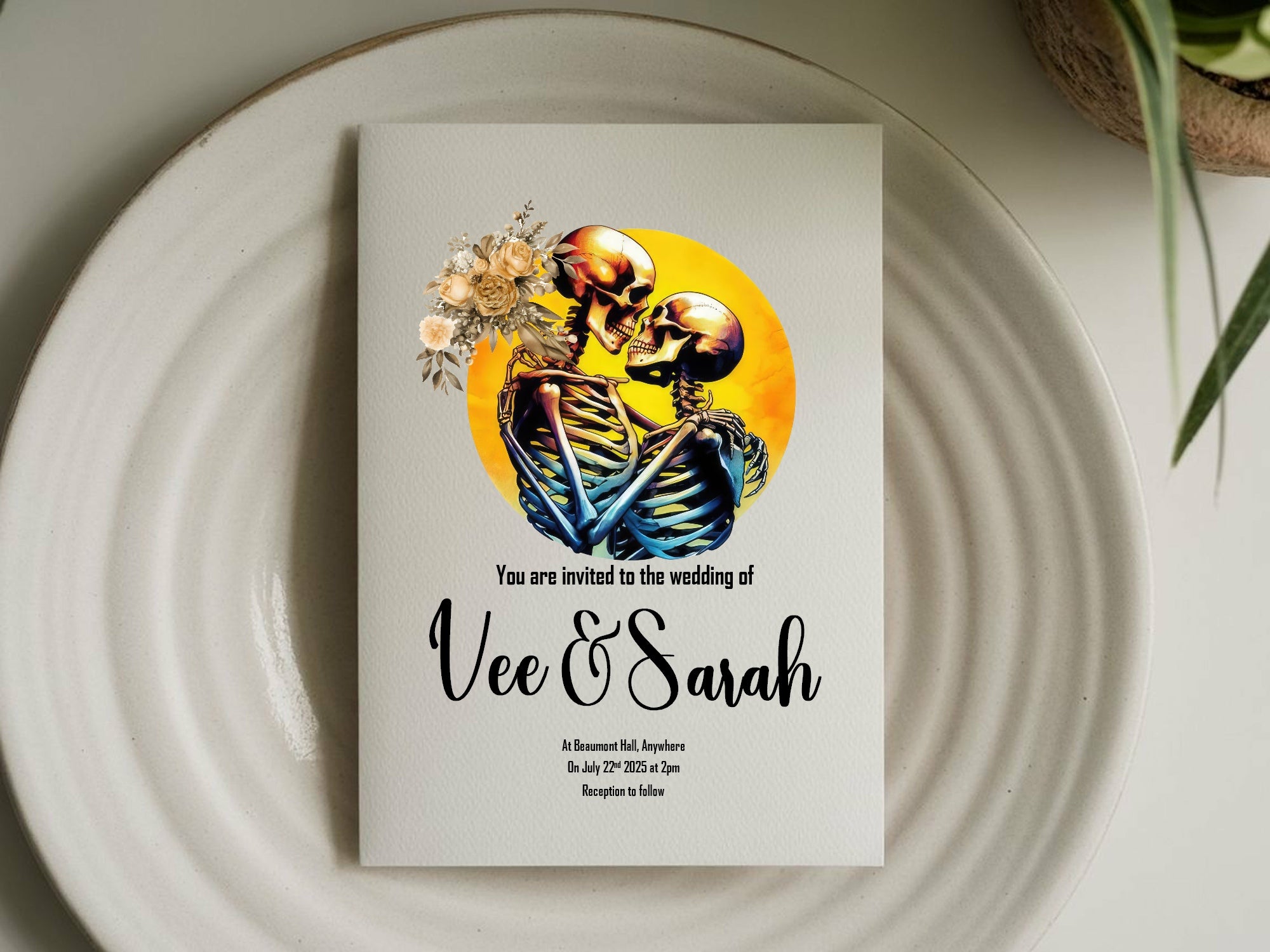 Skeleton Couple Wedding Invitations | Floral Yellow Circle | LGBTQ+ Wedding Stationery