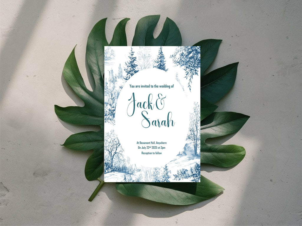 Blue Toile Winter Wedding Party Invitations & Envelopes | Pack of 10