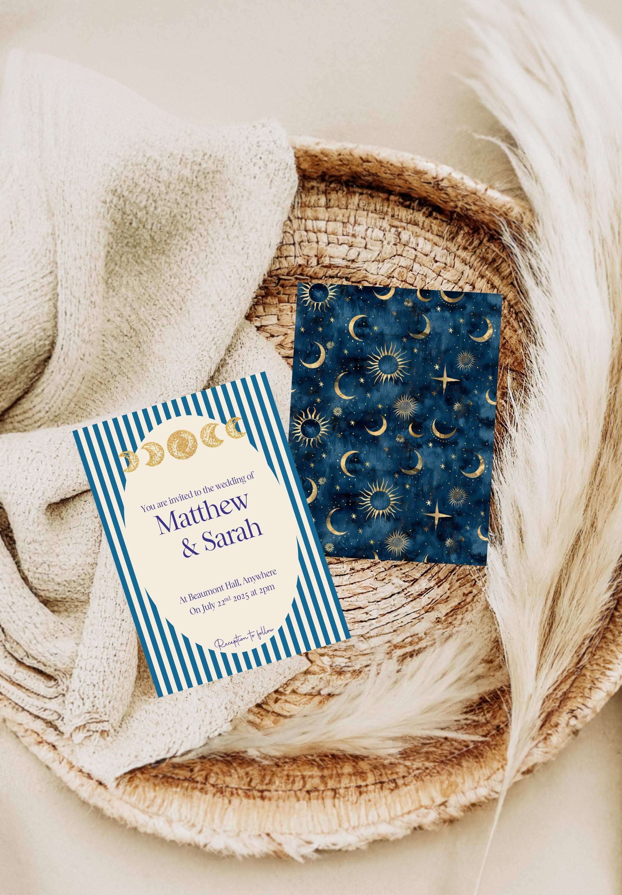 Pack of 10 Alternative Celestial Moon & Sun Wedding Wedding Invitations | Blue