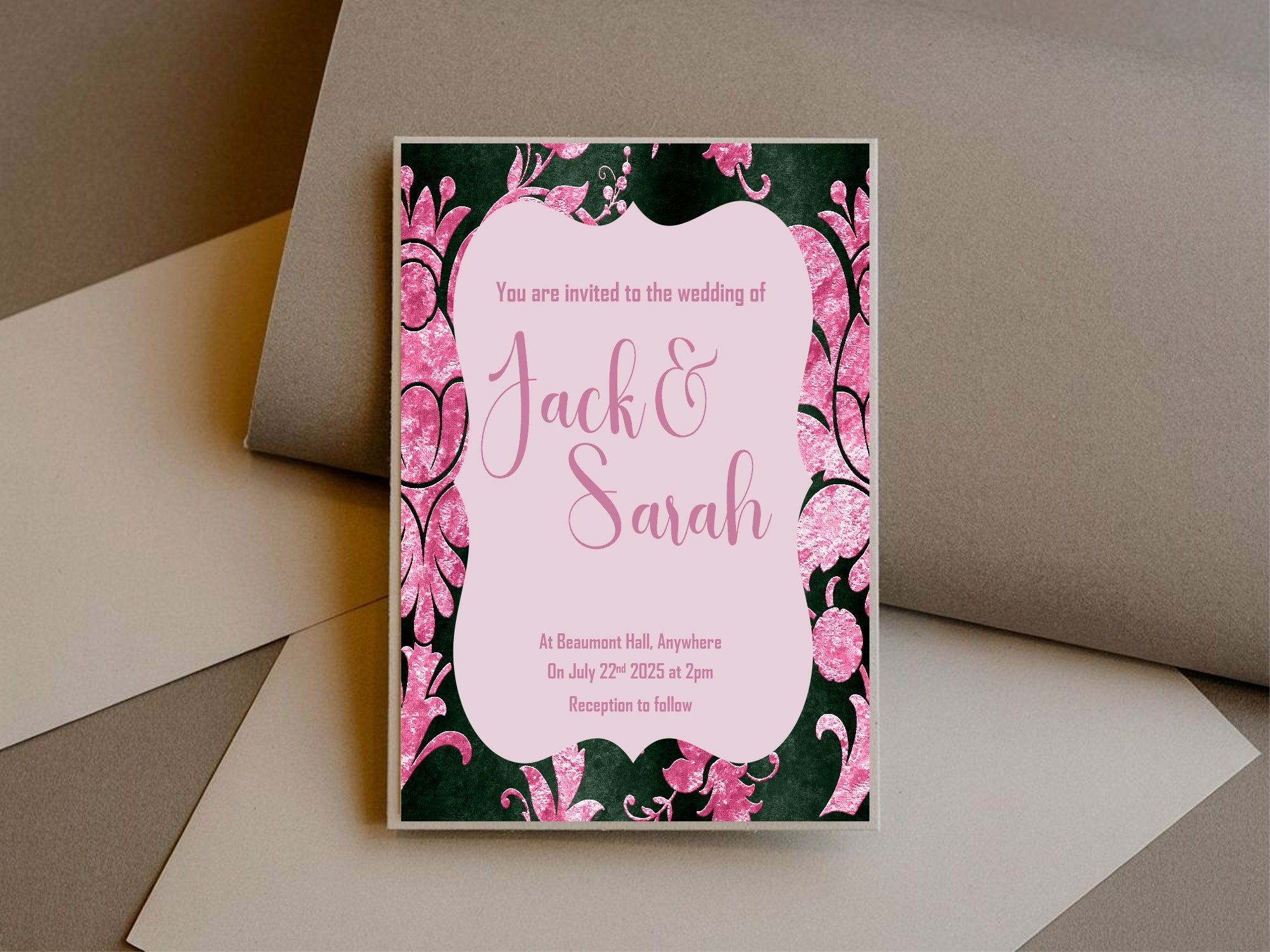 Damask Wedding Party Invitations & Envelopes | Pack of 10 | Green & Pink