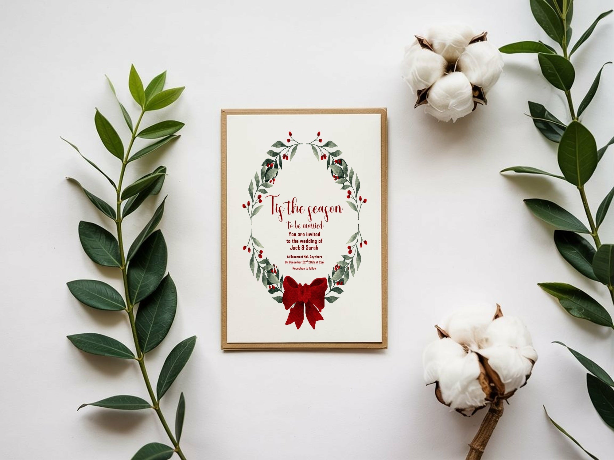 Mistletoe & Bow Wedding Party Invitations & Envelopes | Pack of 10