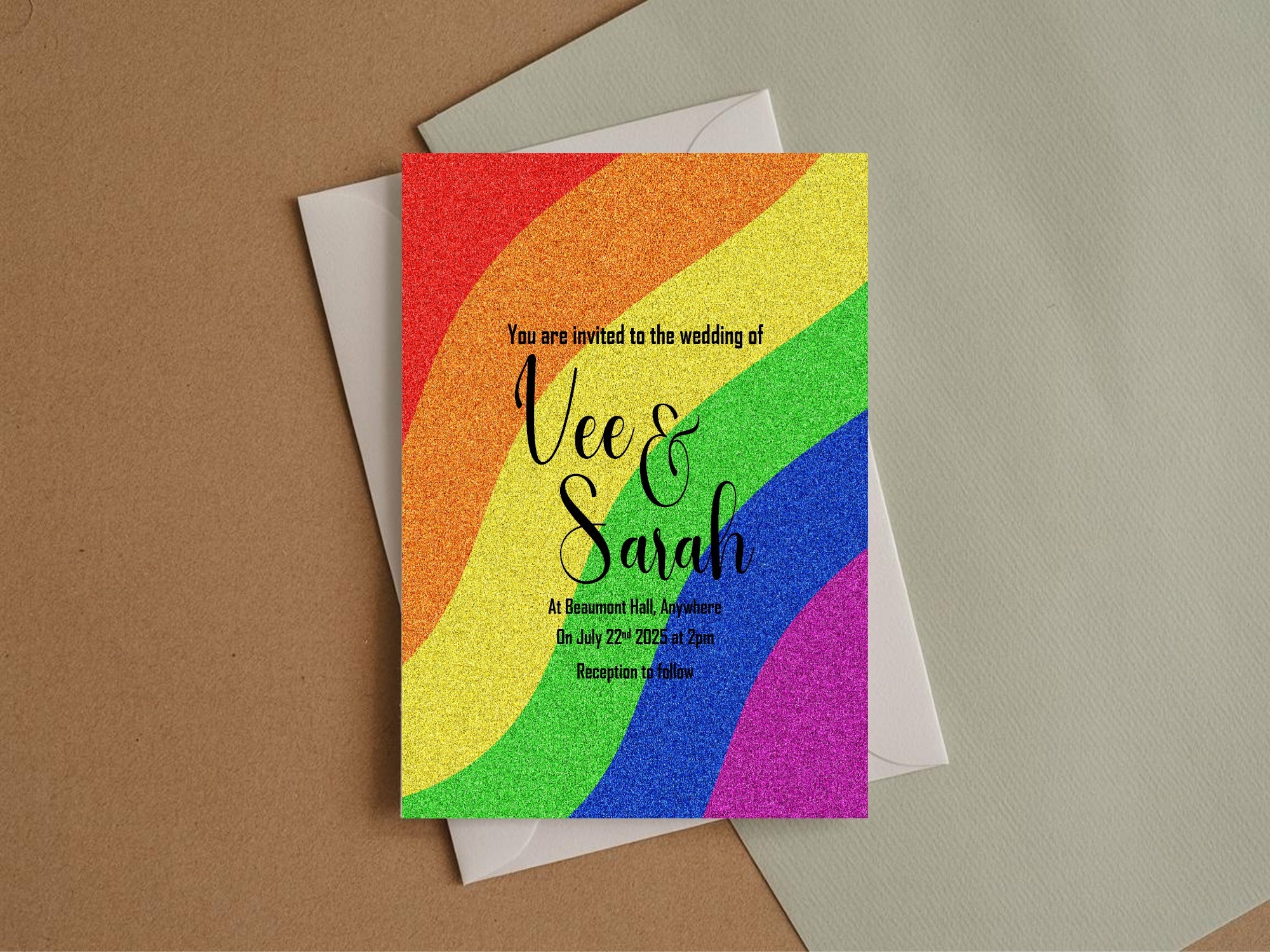 Glitter Pride Flag Wedding Party Invitations & Envelopes | Pack of 10