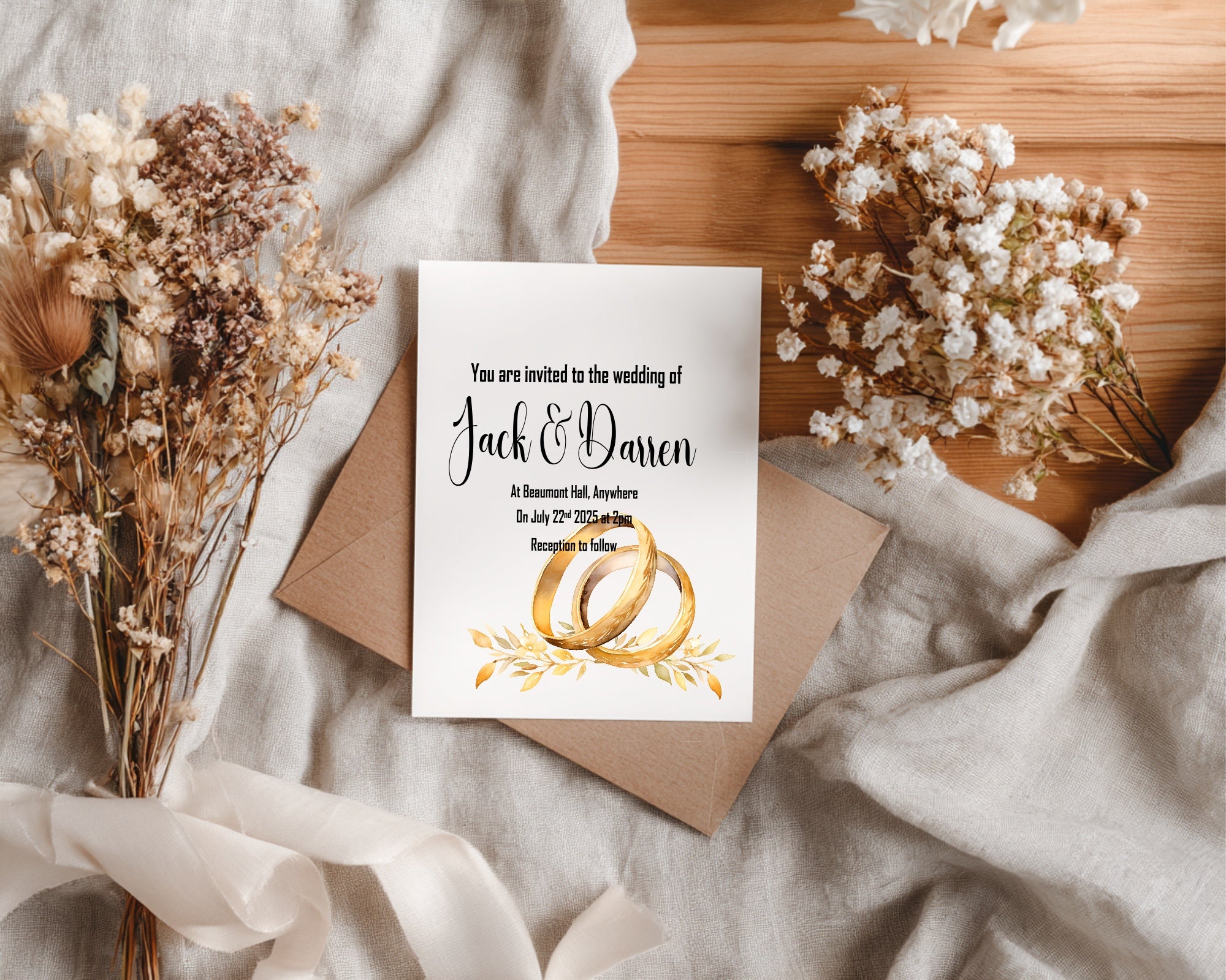 Same-Sex Wedding Invitations | Pack of 10 | Gold Rings & Leaf Design | LGBTQ+ Wedding Stationery