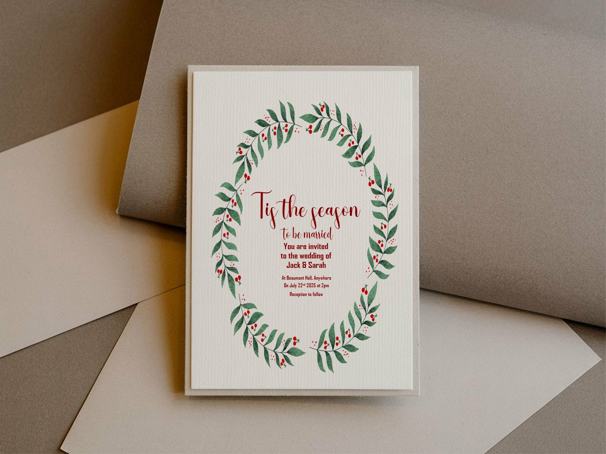 Mistletoe Wreath Tis' The Season Wedding Party Invitations & Envelopes | Pack of 10