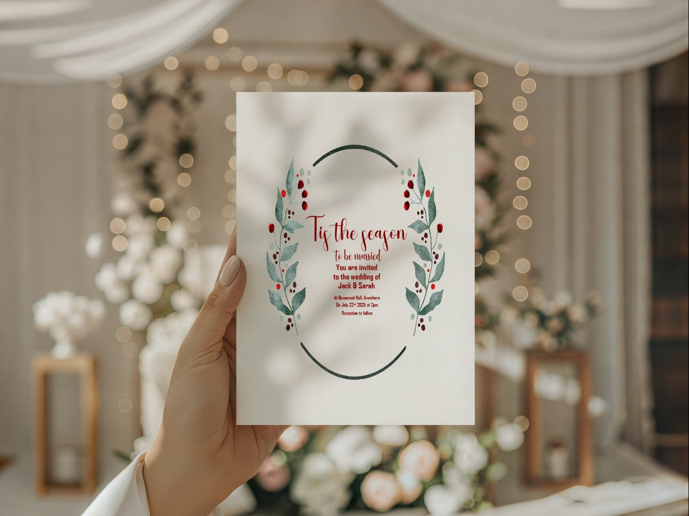 Hand holding a Christmas-themed invitation card with decorative wreath design against a festive background.