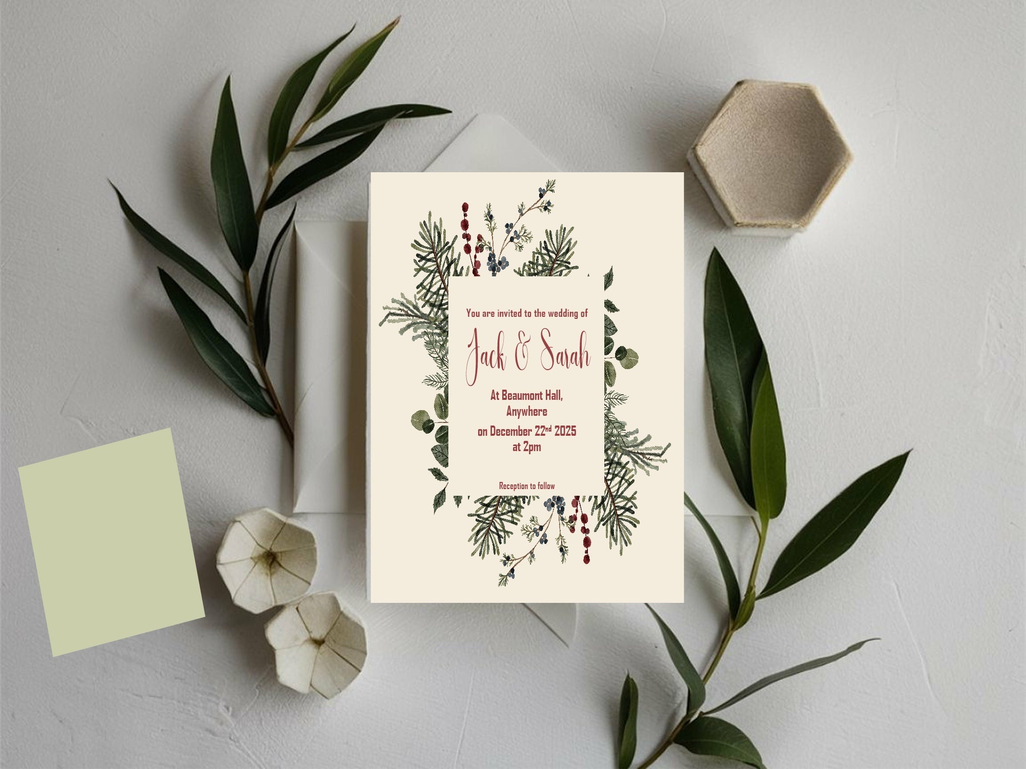Christmas Greenery Wedding Party Invitations & Envelopes | Pack of 10
