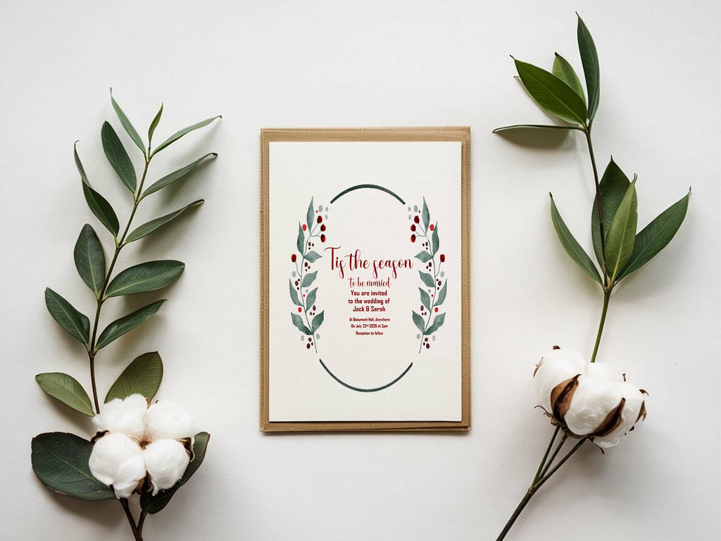 Mistletoe & Berries Oval Wedding Party Invitations & Envelopes | Pack of 10