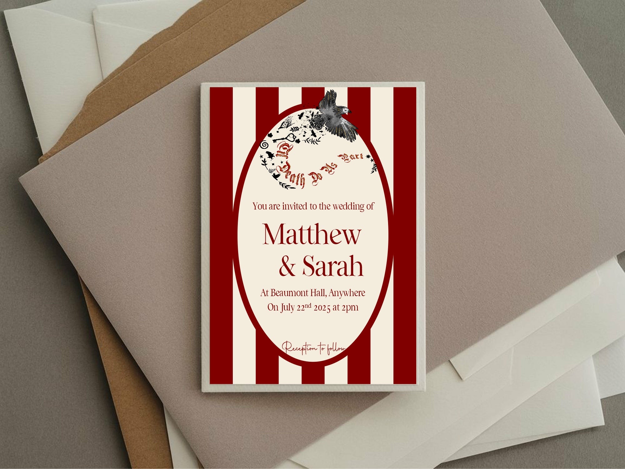 Pack of 10 Gothic Bird “Til Death Do Us Part” Wedding Invitations