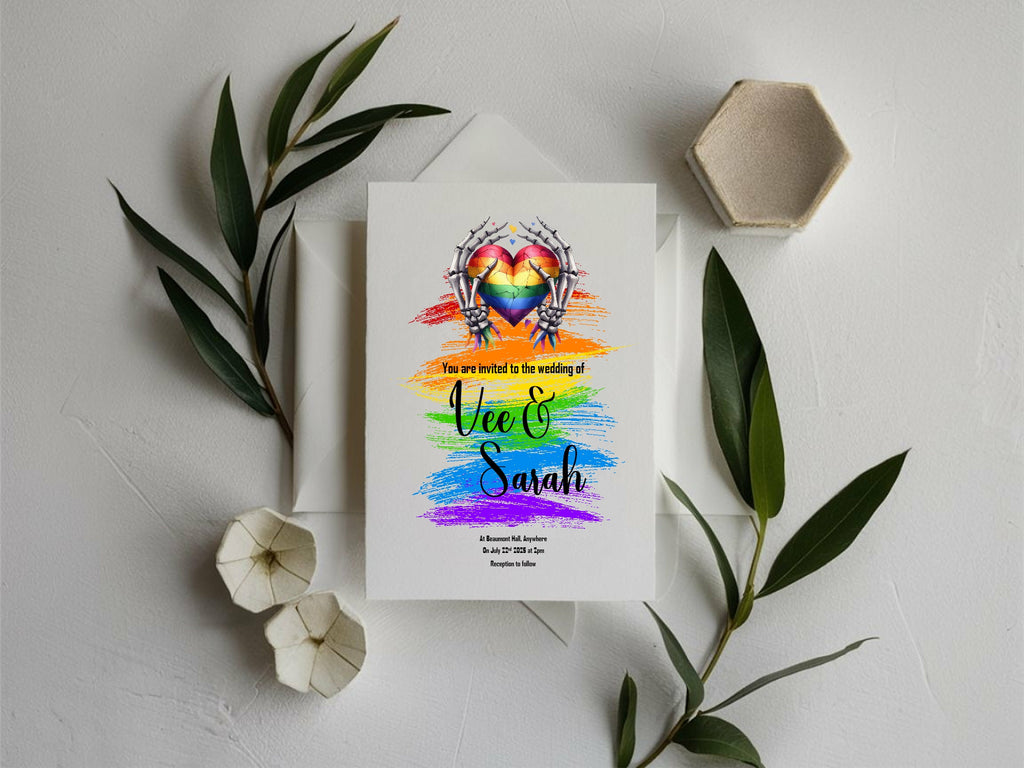 Pride Rainbow Skeleton Hands Wedding Party Invitations & Envelopes | Pack of 10