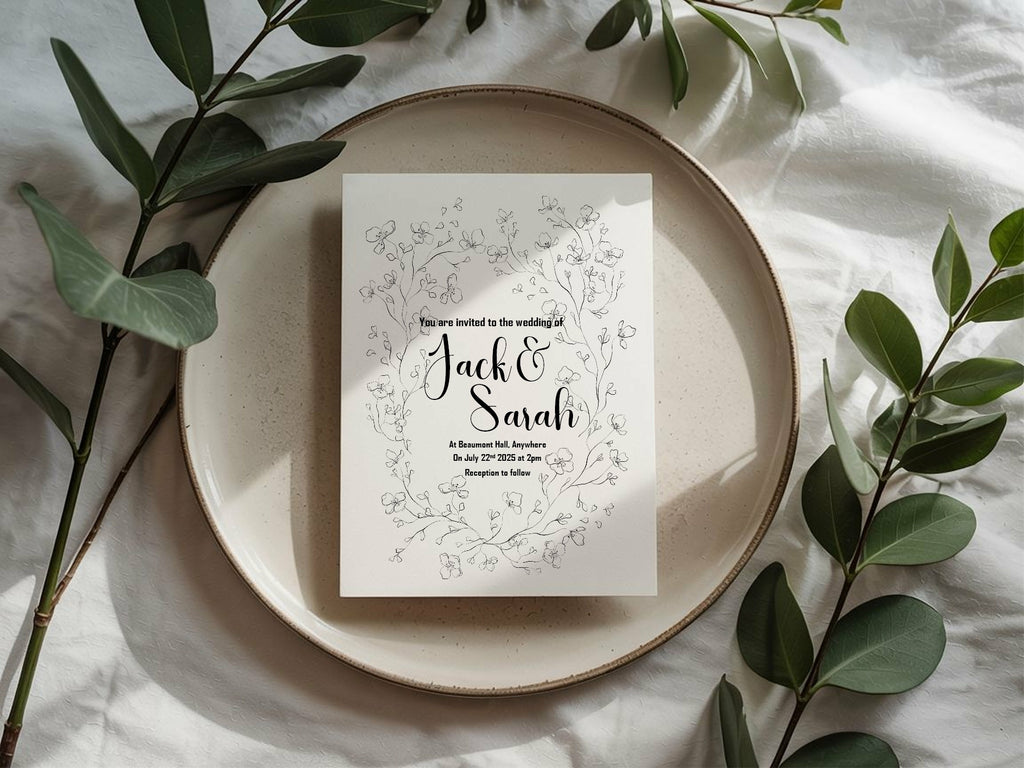 Monochrome Floral Wedding Party Invitations & Envelopes | Pack of 10