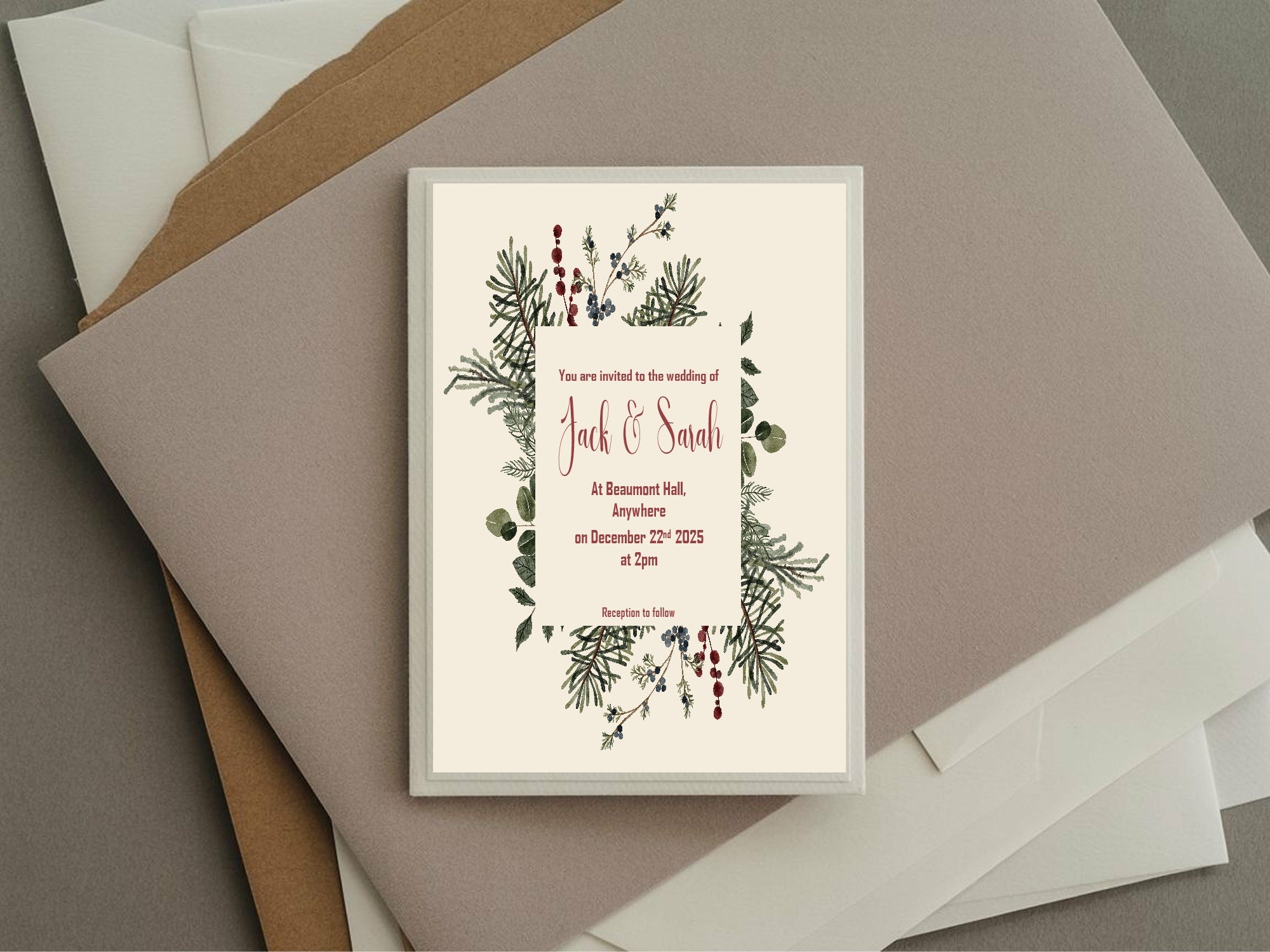 Christmas Greenery Wedding Party Invitations & Envelopes | Pack of 10