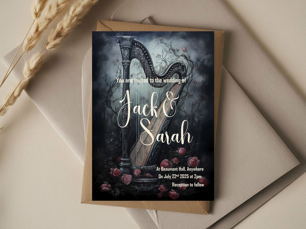 Gothic Harp & Rose Wedding Party Invitations & Envelopes | Pack of 10
