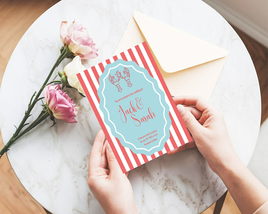 Red & Blue Lobster Wedding Party Invitations & Envelopes | Pack of 10