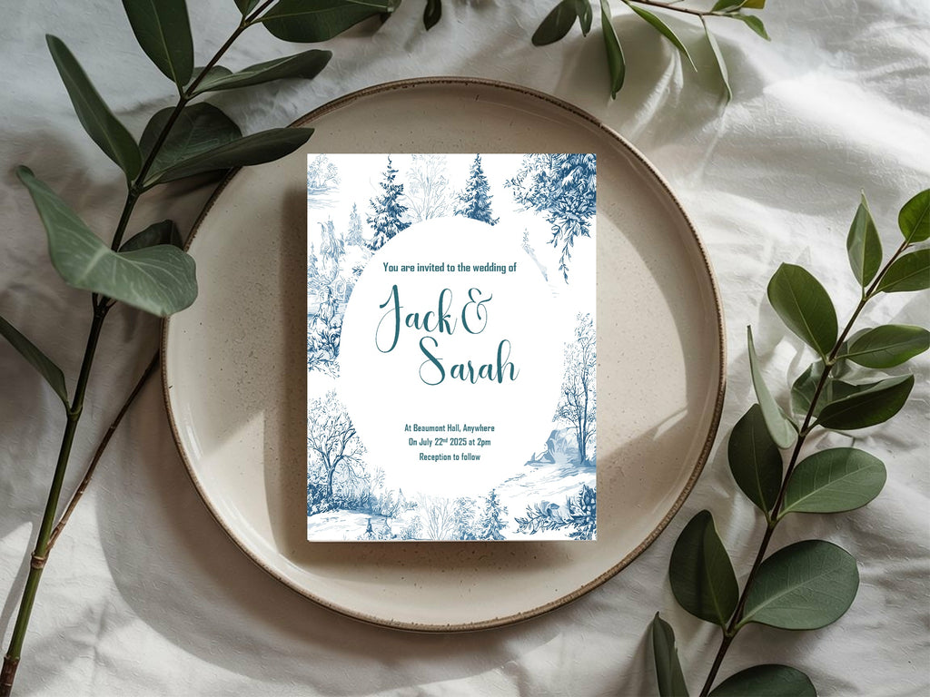 Blue Toile Winter Wedding Party Invitations & Envelopes | Pack of 10