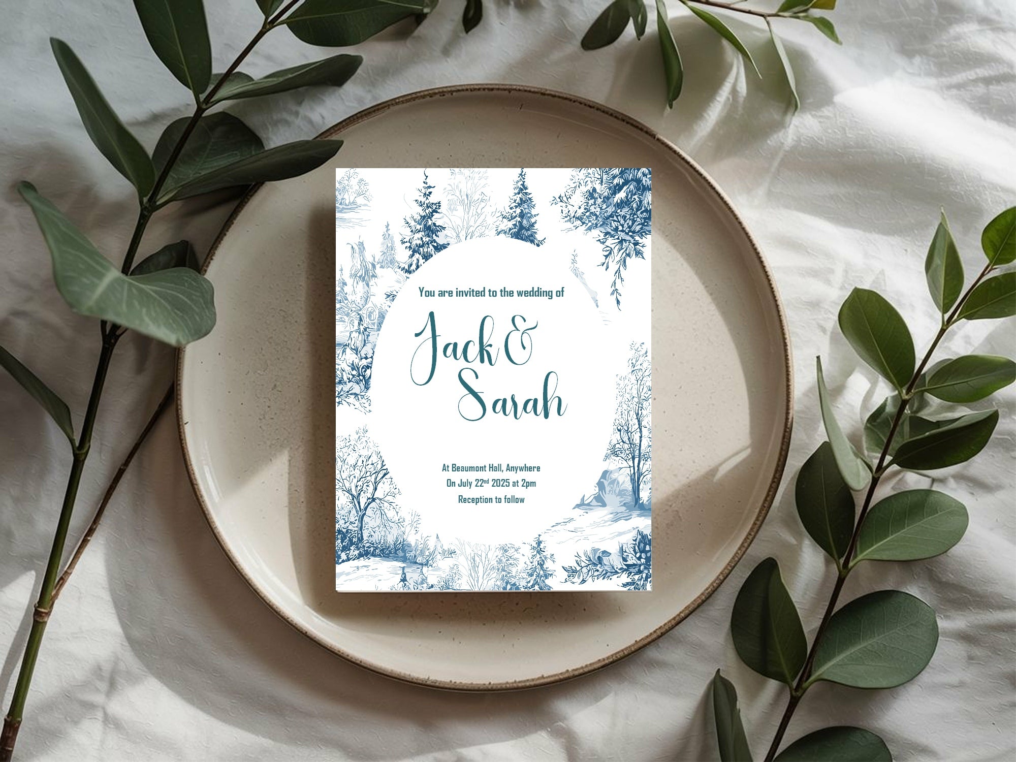 Blue Toile Winter Wedding Party Invitations & Envelopes | Pack of 10