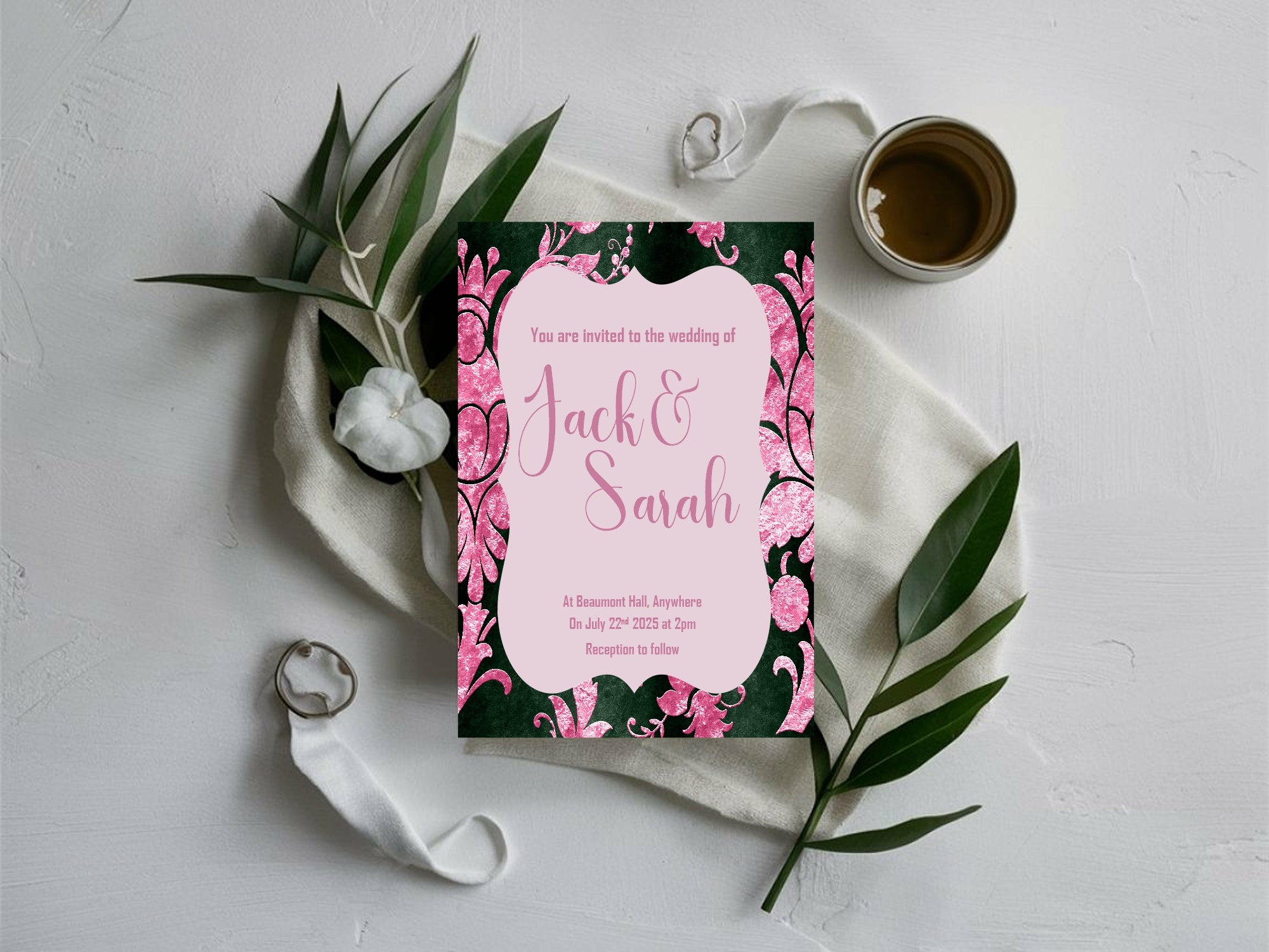 Damask Wedding Party Invitations & Envelopes | Pack of 10 | Green & Pink