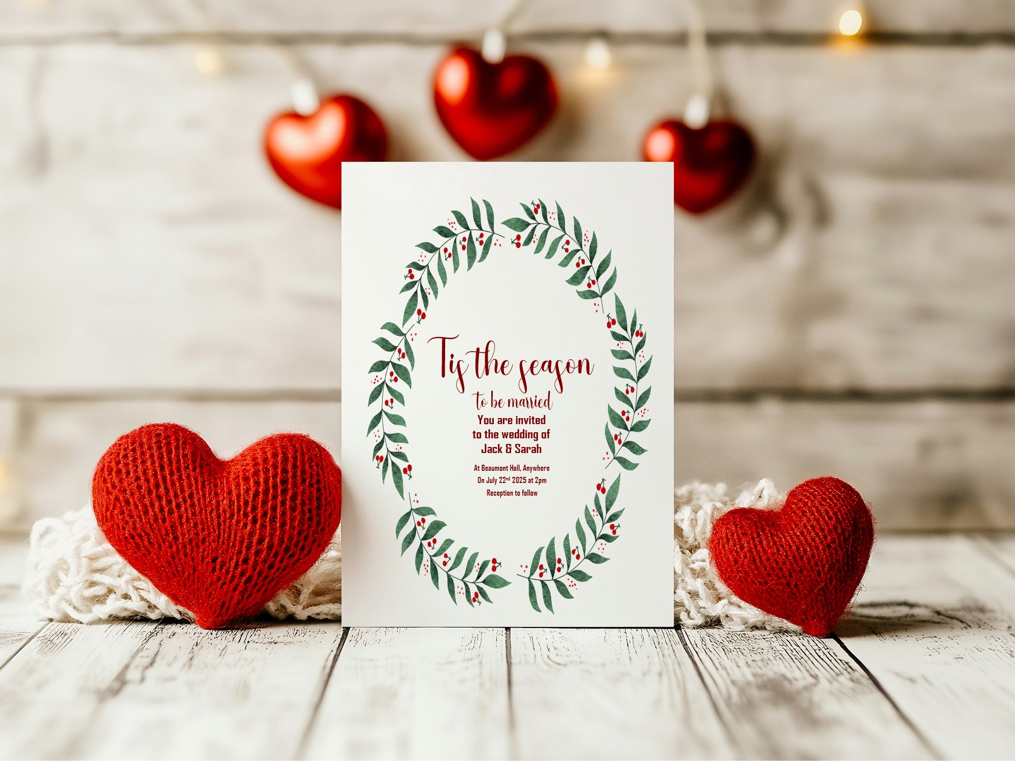 Mistletoe Wreath Tis' The Season Wedding Party Invitations & Envelopes | Pack of 10