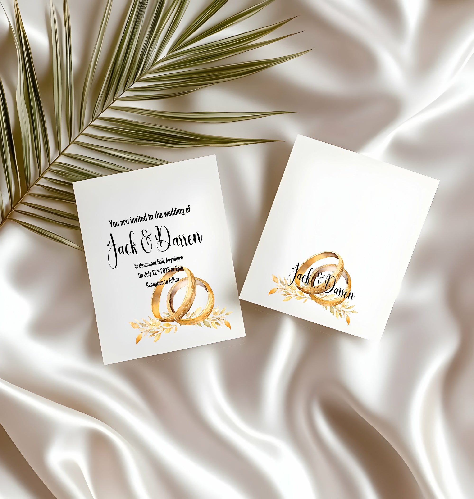 Same-Sex Wedding Invitations | Pack of 10 | Gold Rings & Leaf Design | LGBTQ+ Wedding Stationery