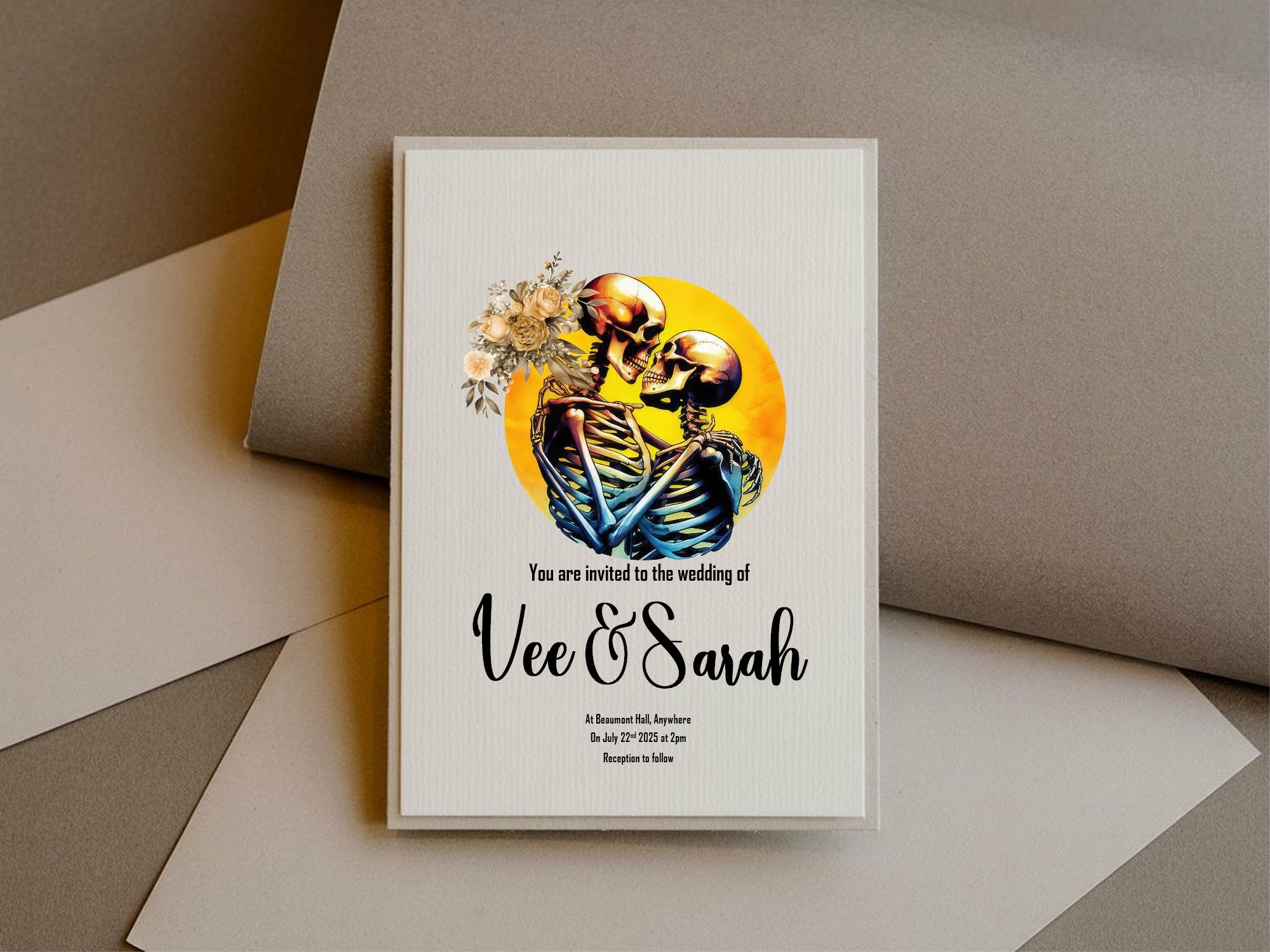 Skeleton Couple Wedding Invitations | Floral Yellow Circle | LGBTQ+ Wedding Stationery