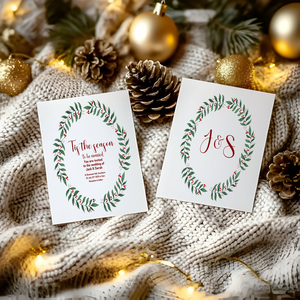 Mistletoe Wreath Tis' The Season Wedding Party Invitations & Envelopes | Pack of 10