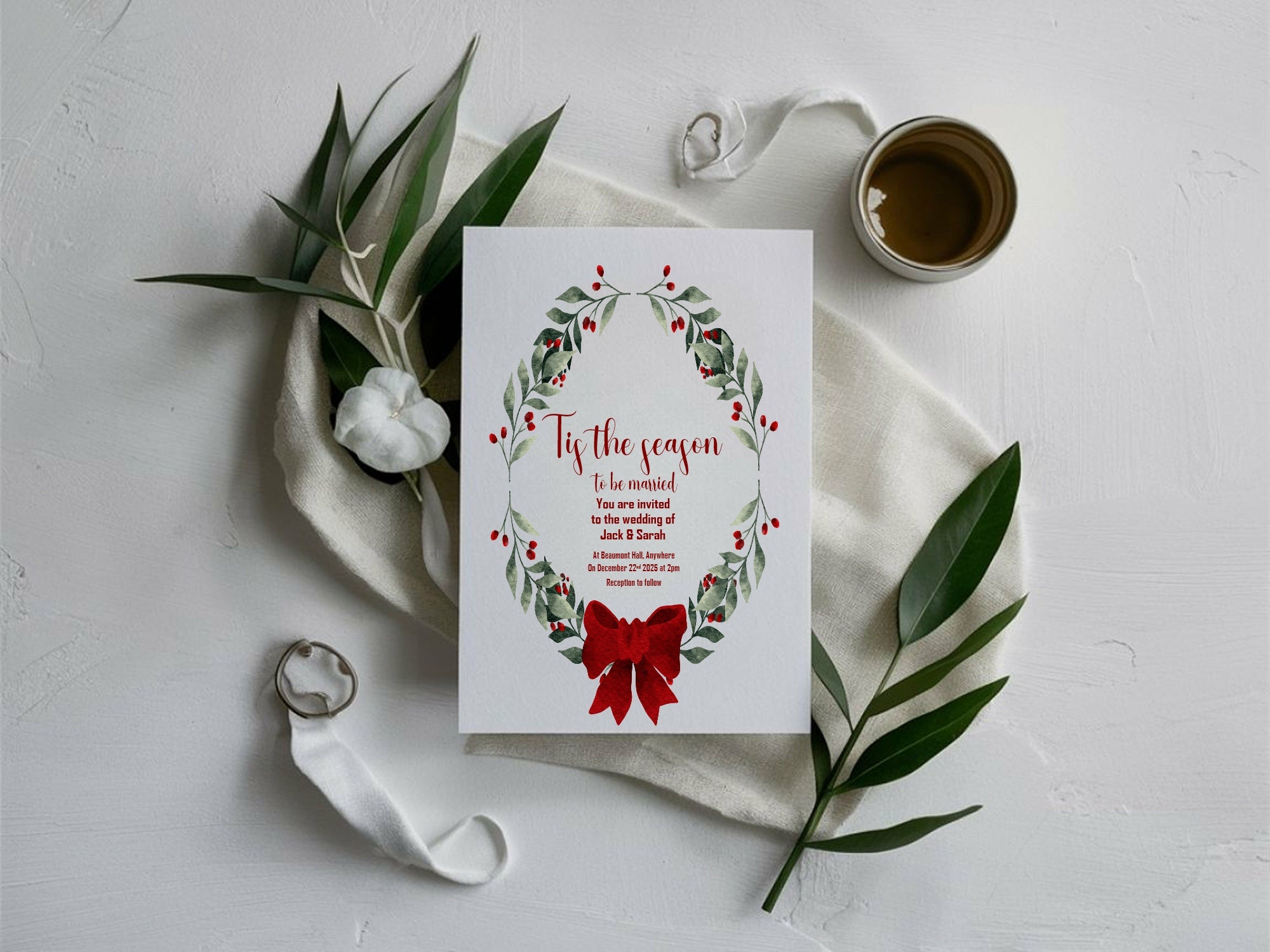 Mistletoe & Bow Wedding Party Invitations & Envelopes | Pack of 10