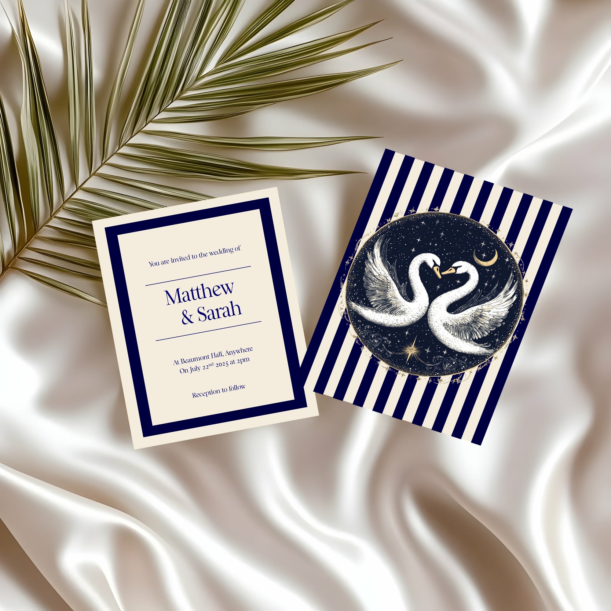 Celestial Swan In Love Wedding Invitations – Alternative Striped Moon Party Invites (Pack of 10)