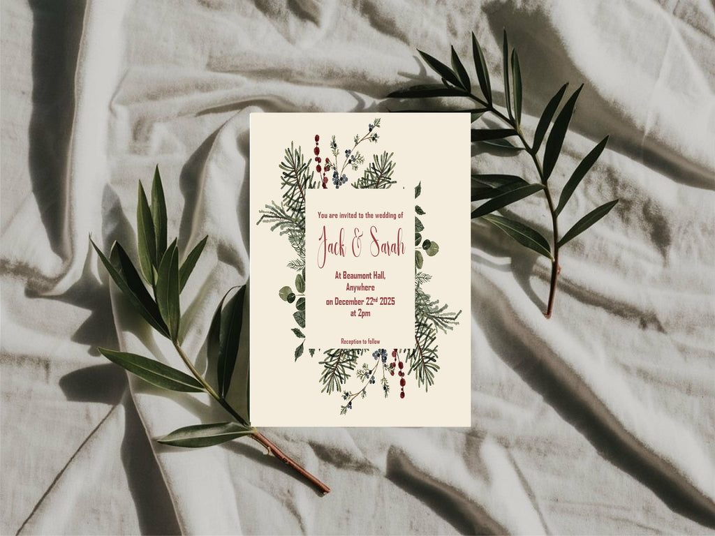 Christmas Greenery Wedding Party Invitations & Envelopes | Pack of 10