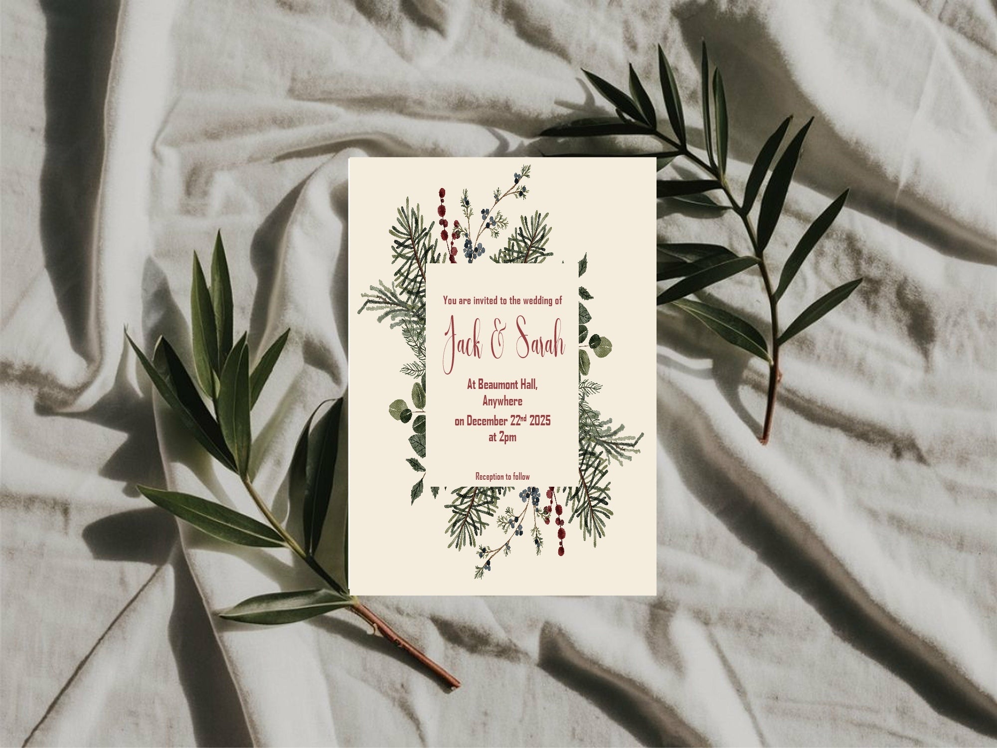 Christmas Greenery Wedding Party Invitations & Envelopes | Pack of 10